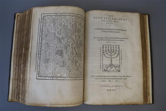 Bible in English - Geneva Bible, folio, 17th century calf binding, lacking title page to old testament, with 3 maps, one folding, Genev